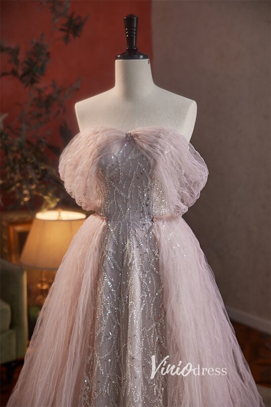 Elegant Pink Beaded Prom Dresses with Pleated Overskirt AD1010 - Viniodressprom dressesPinkCustom Size - Formal Dresses - Ball Gowns