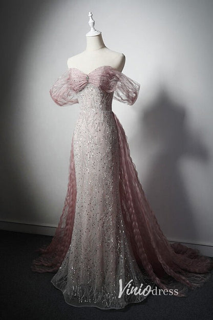 Elegant Pink Beaded Prom Dresses with Pleated Overskirt AD1018-prom dresses 2025 -Viniodress-Pink-Custom Size-