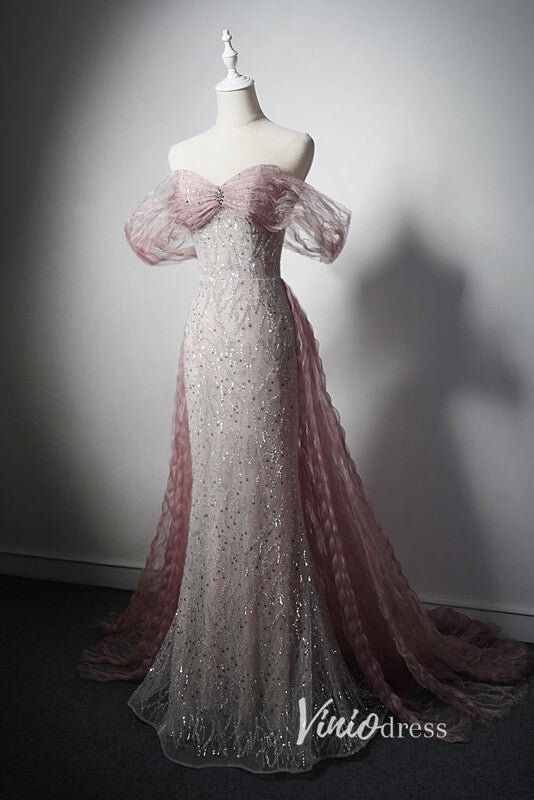 Elegant Pink Beaded Prom Dresses with Pleated Overskirt AD1018-prom dresses 2025 -Viniodress-Pink-Custom Size-