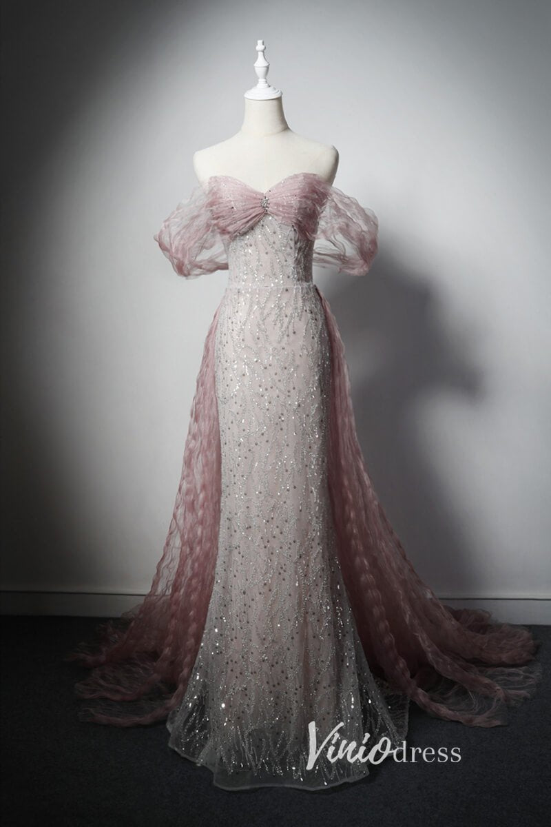 Elegant Pink Beaded Prom Dresses with Pleated Overskirt AD1018-prom dresses 2025 -Viniodress-Pink-Custom Size-