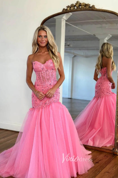 Elegant Pink Mermaid Prom Dress with Lace Applique Bodice and Tulle Bottom FD3501-prom dresses 2025 -Viniodress-Hot Pink-Custom Size-