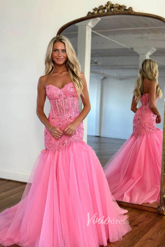 Elegant Pink Mermaid Prom Dress with Lace Applique Bodice and Tulle Bottom FD3501 - Viniodressprom dressesHot PinkCustom Size - Formal Dresses - Ball Gowns