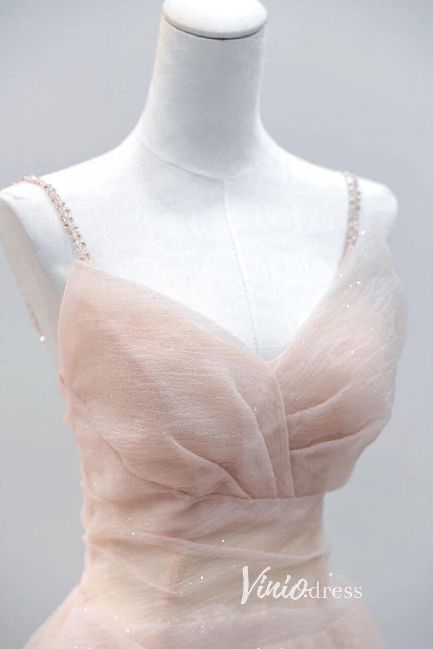 Elegant Pink Pleated Tulle Prom Dresses with Spaghetti Strap FD3525-prom dresses 2025 -Viniodress-Pink-Custom Size-