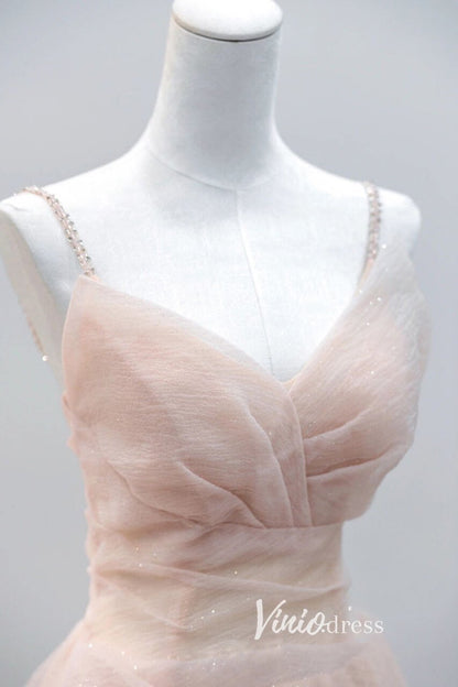 Elegant Pink Pleated Tulle Prom Dresses with Spaghetti Strap FD3525-prom dresses 2025 -Viniodress-Pink-Custom Size-