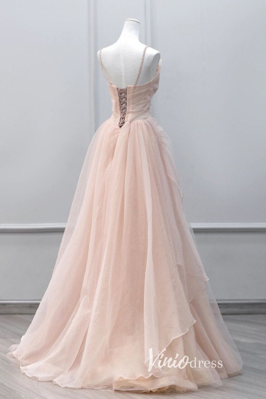 Elegant Pink Pleated Tulle Prom Dresses with Spaghetti Strap FD3525 - Viniodressprom dressesPinkCustom Size - Formal Dresses - Ball Gowns