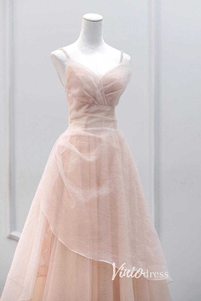 Elegant Pink Pleated Tulle Prom Dresses with Spaghetti Strap FD3525 - Viniodressprom dressesPinkCustom Size - Formal Dresses - Ball Gowns