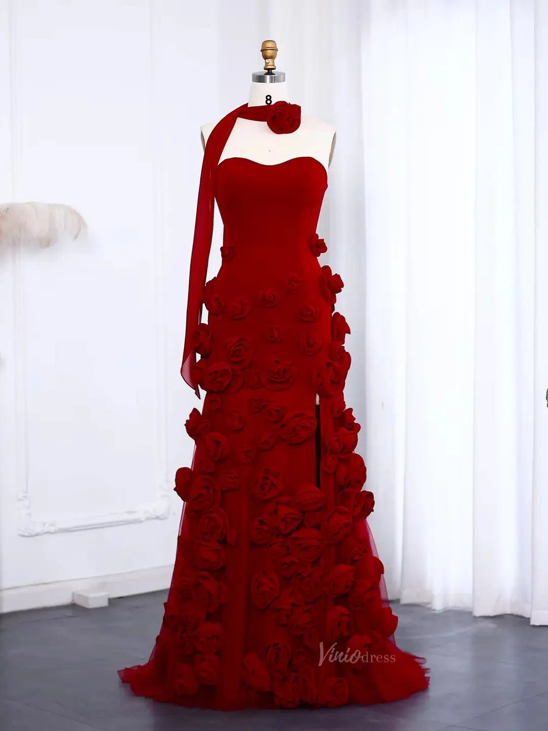 Elegant Pink Rose Prom Dresses Flower Blossom Sheath Formal Dress Strapless BD037-prom dresses 2025 -Viniodress-Burgundy-US 2-