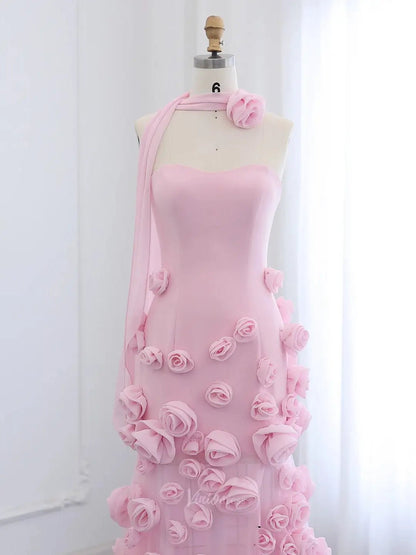 Elegant Pink Rose Prom Dresses Flower Blossom Sheath Formal Dress Strapless BD037-prom dresses 2025 -Viniodress-Pink-US 2-