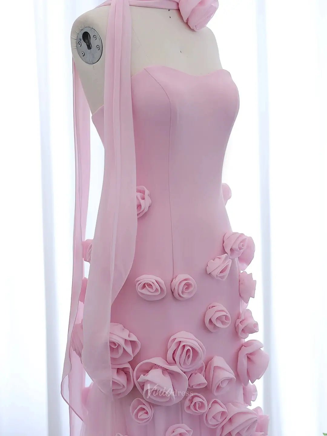 Elegant Pink Rose Prom Dresses Flower Blossom Sheath Formal Dress Strapless BD037-prom dresses 2025 -Viniodress-Pink-US 2-