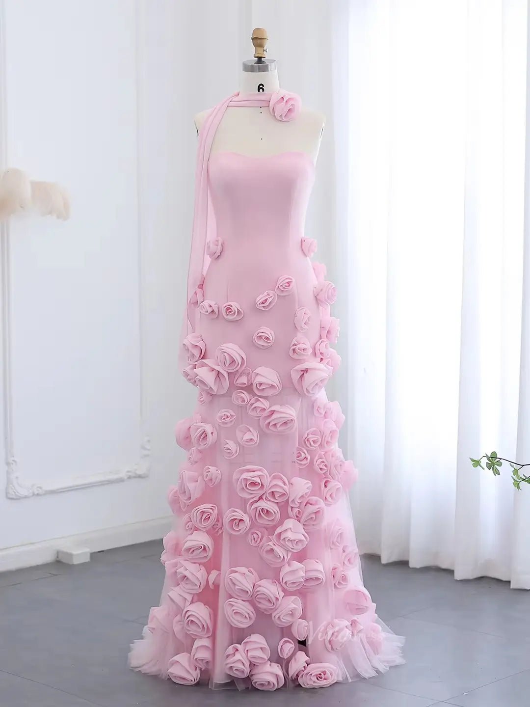 Elegant Pink Rose Prom Dresses Flower Blossom Sheath Formal Dress Strapless BD037-prom dresses 2025 -Viniodress-Pink-US 2-