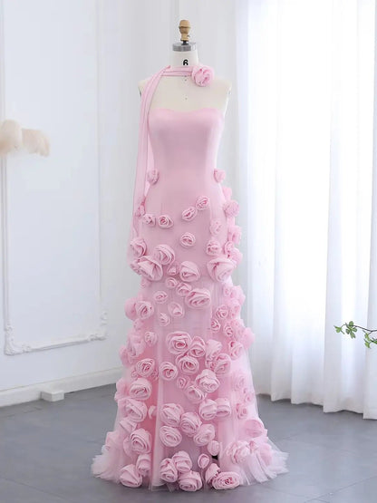 Elegant Pink Rose Prom Dresses Flower Blossom Sheath Formal Dress Strapless BD037-prom dresses 2025 -Viniodress-Pink-US 2-