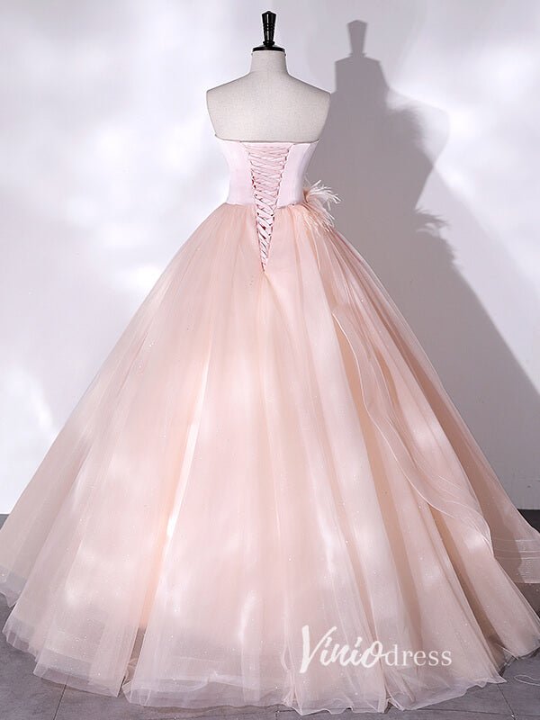 Elegant Pink Strapless Prom Dresses with Feathers FD3524 - Viniodressprom dressesPinkCustom Size - Formal Dresses - Ball Gowns