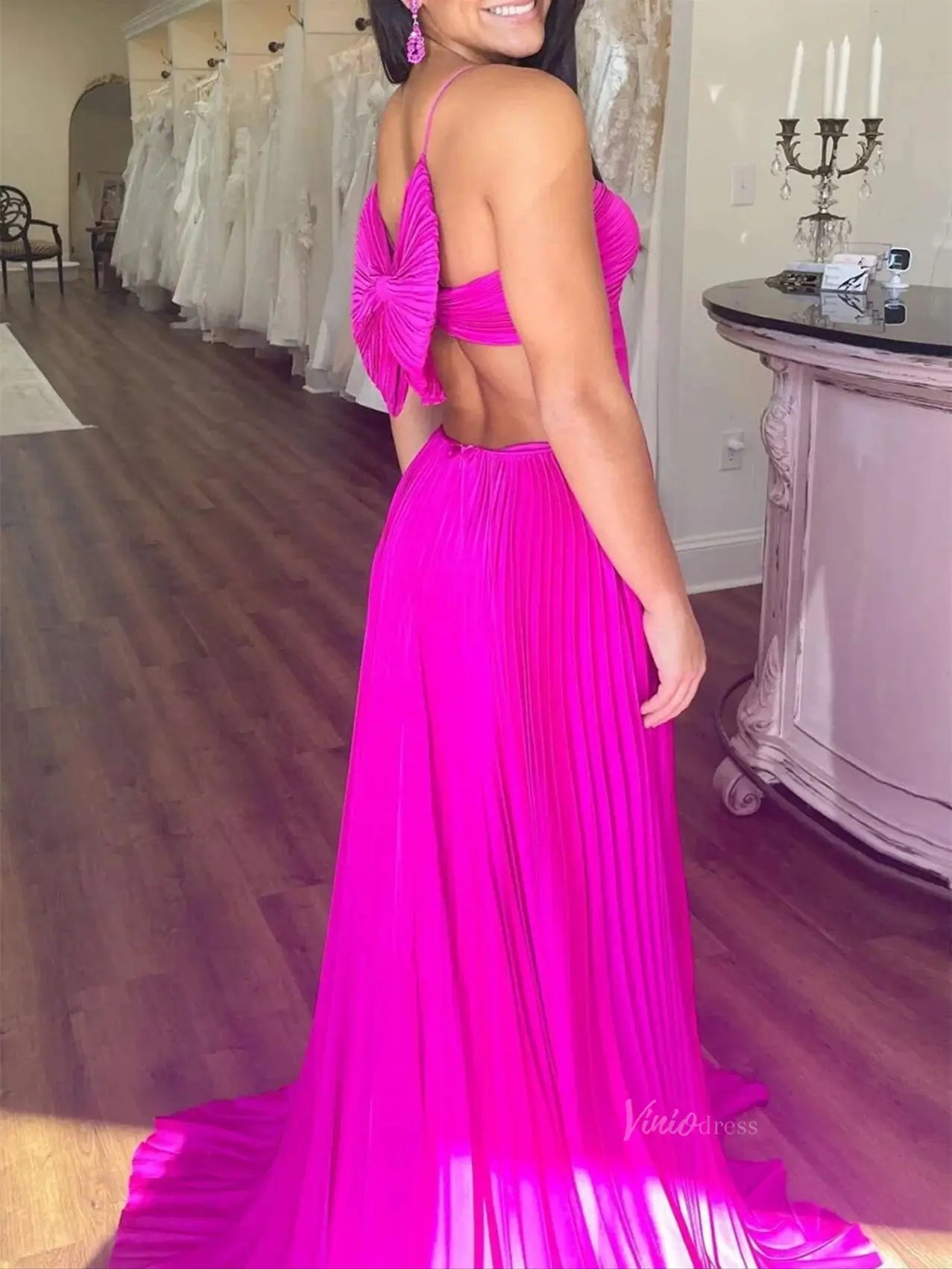 Elegant Pleated Satin Prom Dresses 2025 Spaghetti Strap Formal Gown with Slit - FD5132-prom dresses 2025 -Viniodress-Blue-Custom Size-