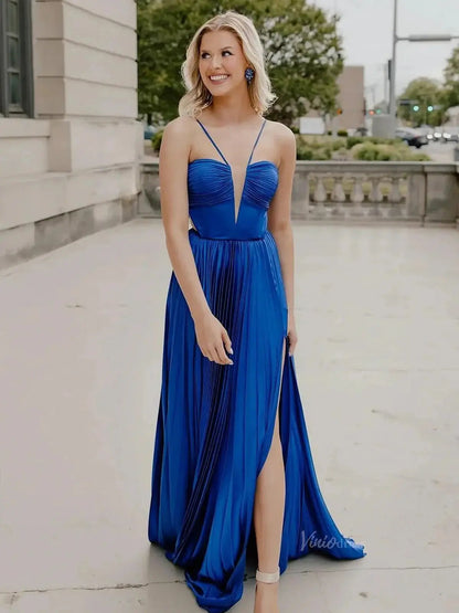 Elegant Pleated Satin Prom Dresses 2025 Spaghetti Strap Formal Gown with Slit - FD5132-prom dresses 2025 -Viniodress-Blue-Custom Size-