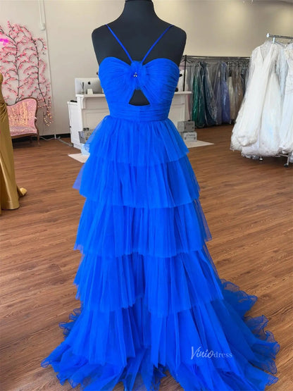 Elegant Pleated Tiered Tulle Prom Dresses with Spaghetti Straps & 3D Flower - FD3736-prom dresses 2025 -Viniodress-Blue-Custom Size-