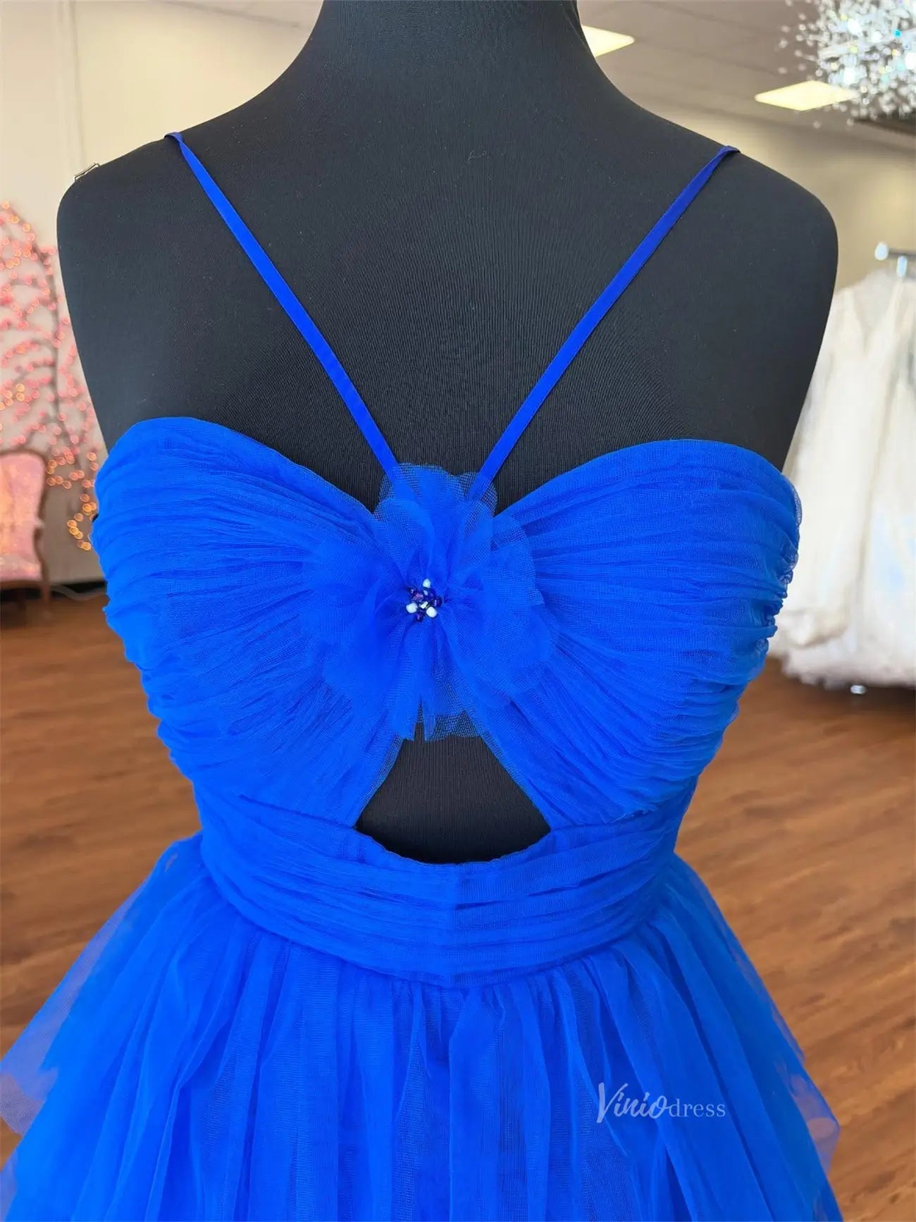 Elegant Pleated Tiered Tulle Prom Dresses with Spaghetti Straps & 3D Flower - FD3736-prom dresses 2025 -Viniodress-Blue-Custom Size-