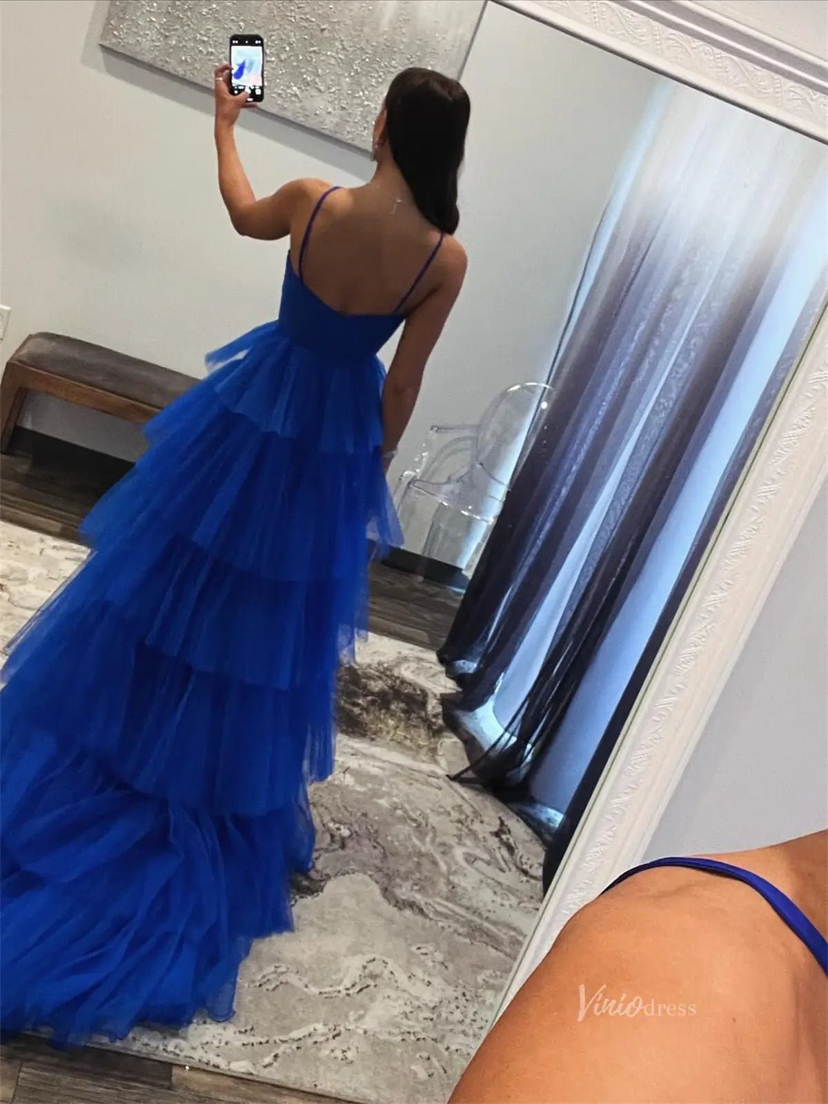 Elegant Pleated Tiered Tulle Prom Dresses with Spaghetti Straps & 3D Flower - FD3736-prom dresses 2025 -Viniodress-Blue-Custom Size-