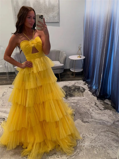 Elegant Pleated Tiered Tulle Prom Dresses with Spaghetti Straps & 3D Flower - FD3736-prom dresses 2025 -Viniodress-Blue-Custom Size-