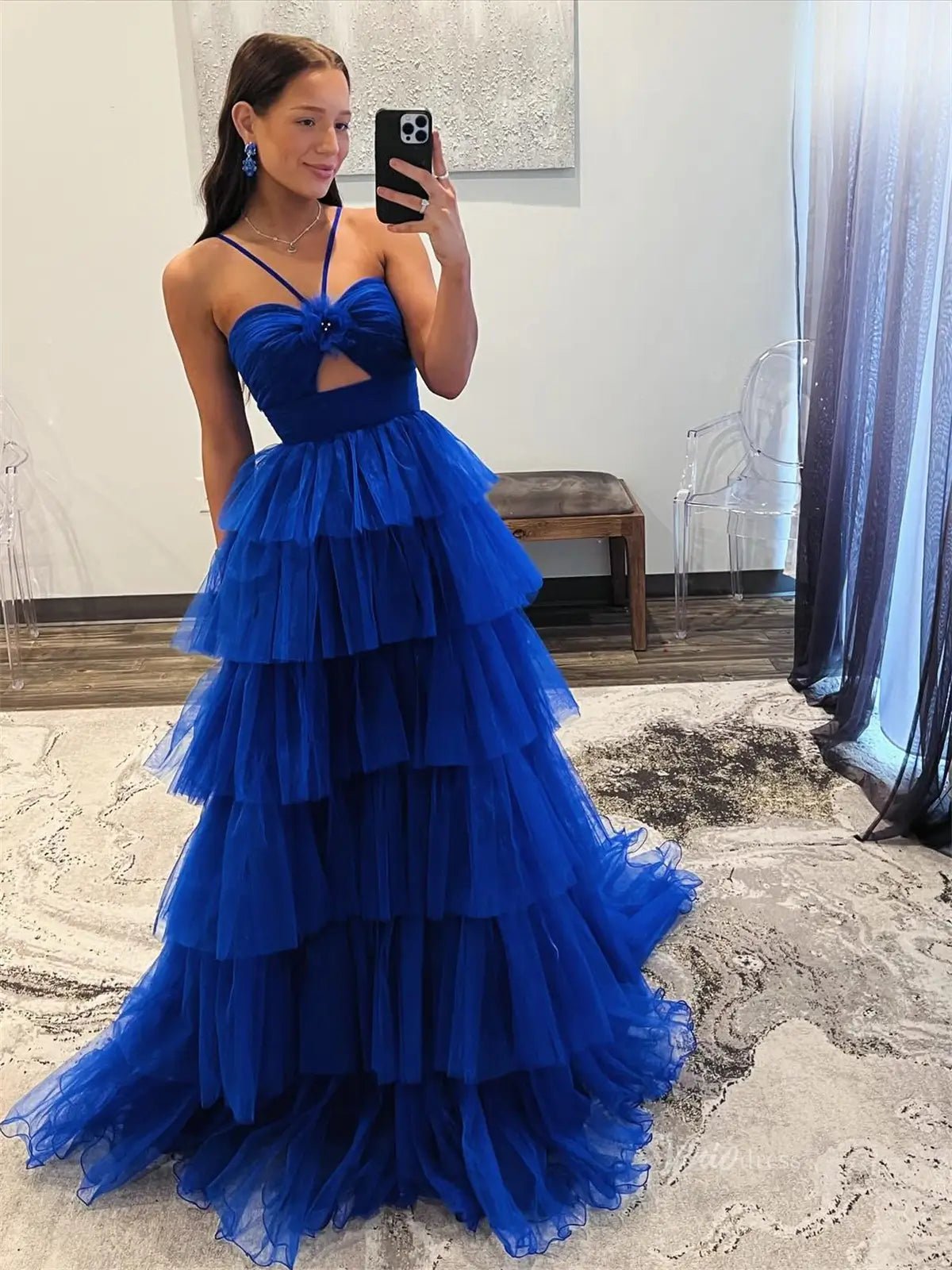 Elegant Pleated Tiered Tulle Prom Dresses with Spaghetti Straps & 3D Flower - FD3736-prom dresses 2025 -Viniodress-Blue-Custom Size-