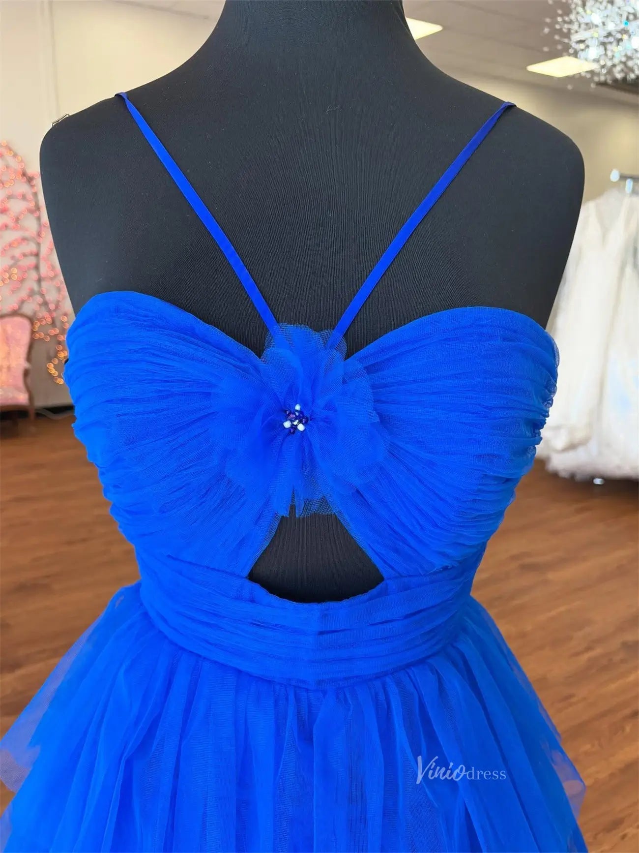 Elegant Pleated Tiered Tulle Prom Dresses with Spaghetti Straps & 3D Flower - FD3736 - Viniodressprom dressesOrangeCustom Size - Formal Dresses - Ball Gowns