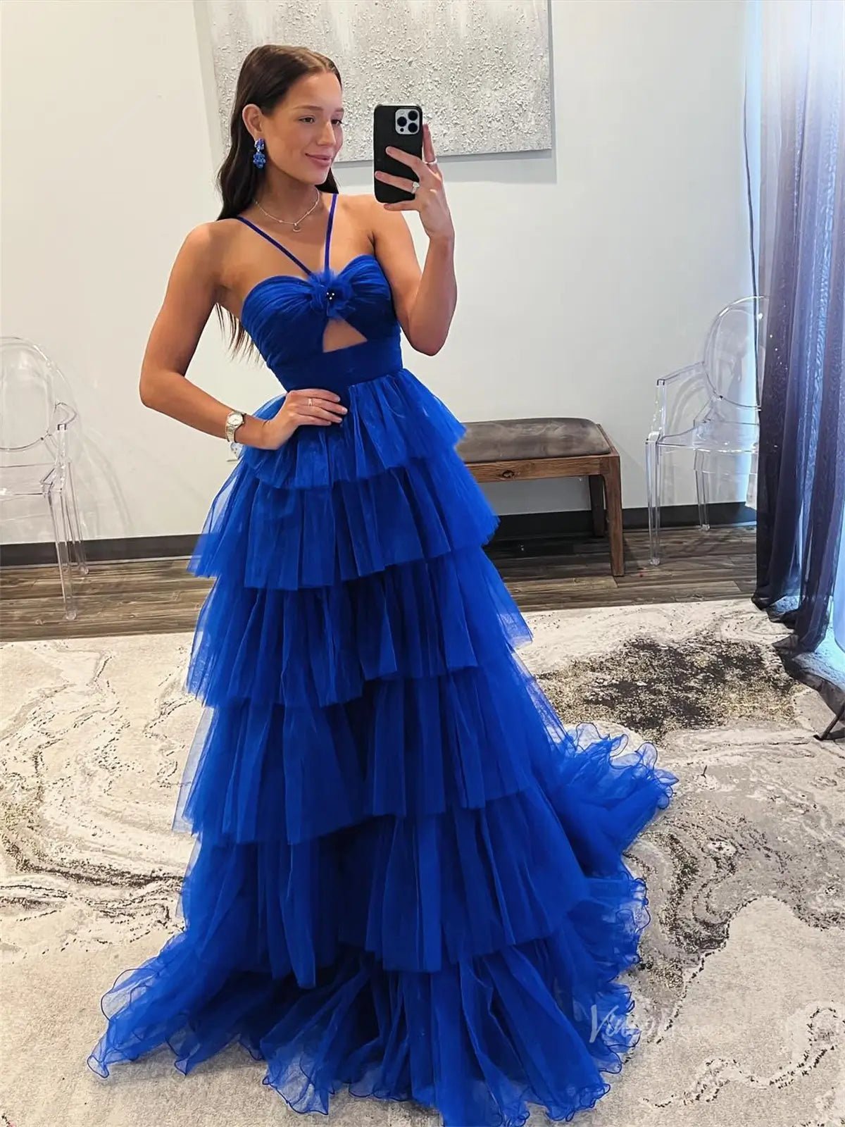 Elegant Pleated Tiered Tulle Prom Dresses with Spaghetti Straps & 3D Flower - FD3736 - Viniodressprom dressesBlueCustom Size - Formal Dresses - Ball Gowns