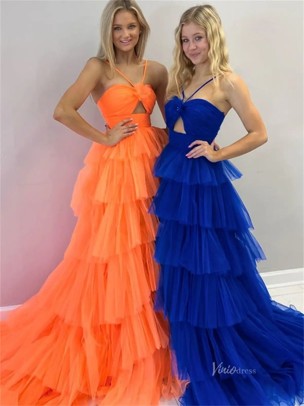 prom dresses 2025 Elegant Pleated Tiered Tulle Prom Dresses with Spaghetti Straps & 3D Flower - FD3736-plus size wedding dresses Viniodress-Blue-Custom Size-