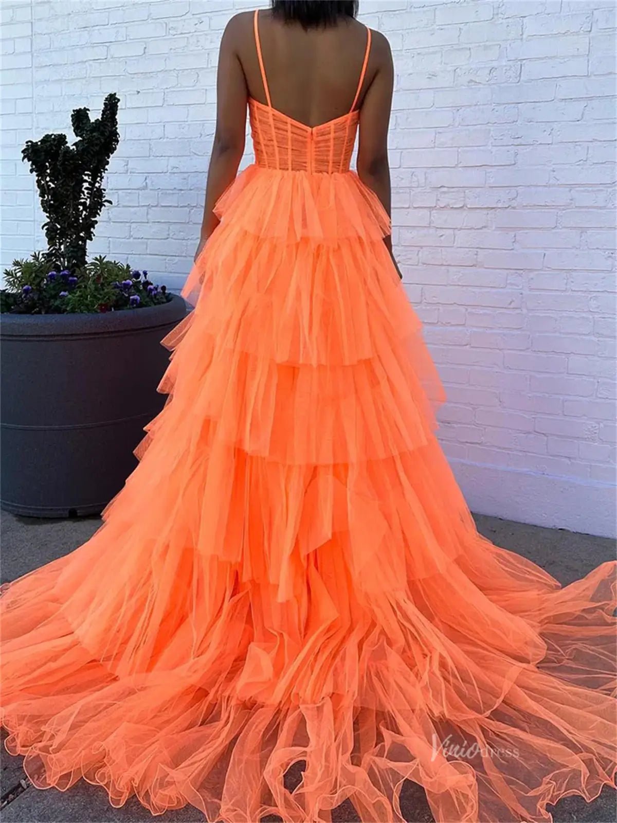 Elegant Pleated Tiered Tulle Prom Dresses with Spaghetti Straps & 3D Flower - FD3736 - Viniodressprom dressesOrangeCustom Size - Formal Dresses - Ball Gowns