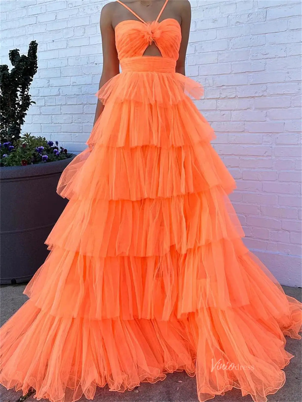 prom dresses 2025 Elegant Pleated Tiered Tulle Prom Dresses with Spaghetti Straps & 3D Flower - FD3736-plus size wedding dresses Viniodress-Orange-Custom Size-