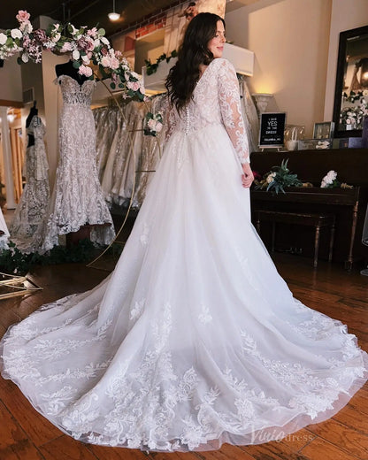 Elegant Plus Size Lace A-Line Wedding Dress with Illusion Bodice, Removable Sheer Long Sleeves & Chapel Train – LA146-wedding dresses 2025 -Viniodress-Ivory-Custom Size-