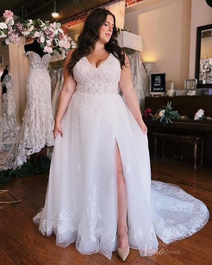 Elegant Plus Size Lace A-Line Wedding Dress with Illusion Bodice, Removable Sheer Long Sleeves & Chapel Train – LA146-wedding dresses 2025 -Viniodress-Ivory-Custom Size-