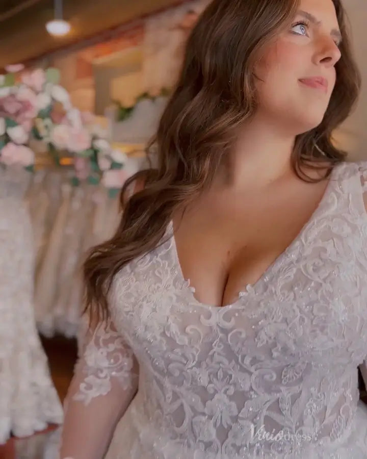 Elegant Plus Size Lace A-Line Wedding Dress with Illusion Bodice, Removable Sheer Long Sleeves & Chapel Train – LA146-wedding dresses 2025 -Viniodress-Ivory-Custom Size-