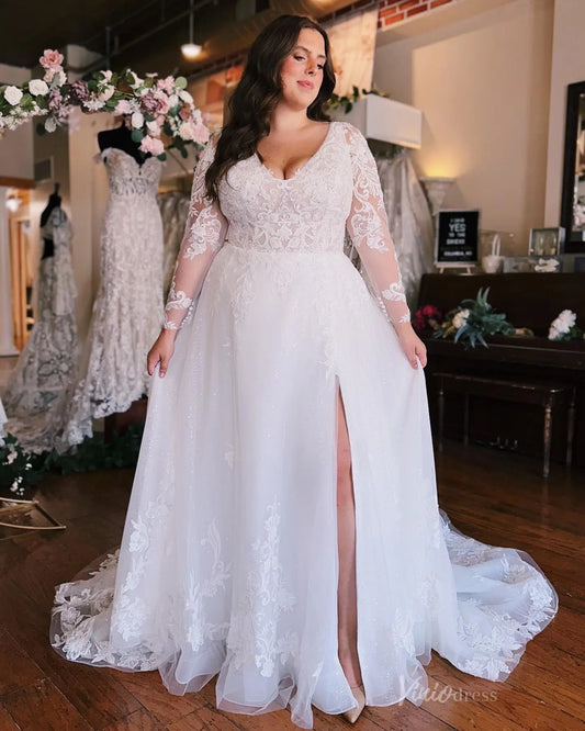 Elegant Plus Size Lace A-Line Wedding Dress with Illusion Bodice, Removable Sheer Long Sleeves & Chapel Train – LA146-wedding dresses 2025 -Viniodress-Ivory-Custom Size-