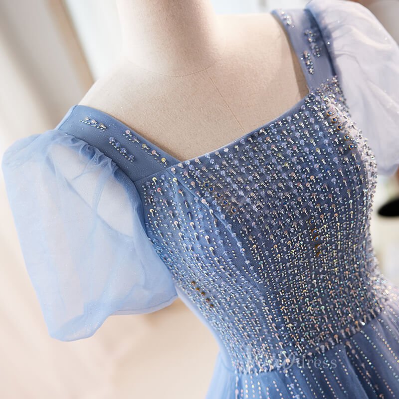 Elegant Puffed Sleeve Prom Dresses Beaded Tulle Formal Dress AD1087-prom dresses 2025 -Viniodress-Dusty Blue-Custom Size-
