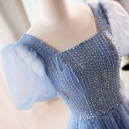 Elegant Puffed Sleeve Prom Dresses Beaded Tulle Formal Dress AD1087-prom dresses 2025 -Viniodress-Dusty Blue-Custom Size-