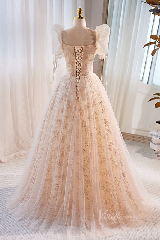 Elegant Puffed Sleeve Prom Dresses Floral Lace Formal Dress AD1086-prom dresses 2025 -Viniodress-Champagne-Custom Size-