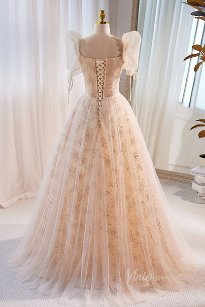 Elegant Puffed Sleeve Prom Dresses Floral Lace Formal Dress AD1086-prom dresses 2025 -Viniodress-Champagne-Custom Size-