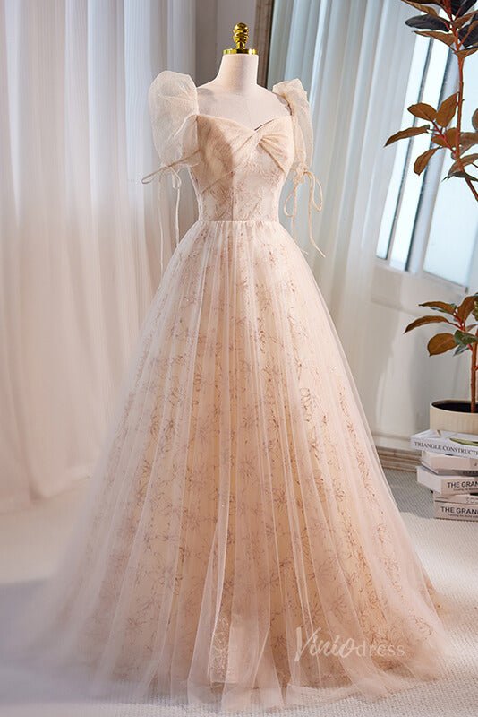 Elegant Puffed Sleeve Prom Dresses Floral Lace Formal Dress AD1086-prom dresses 2025 -Viniodress-Champagne-Custom Size-