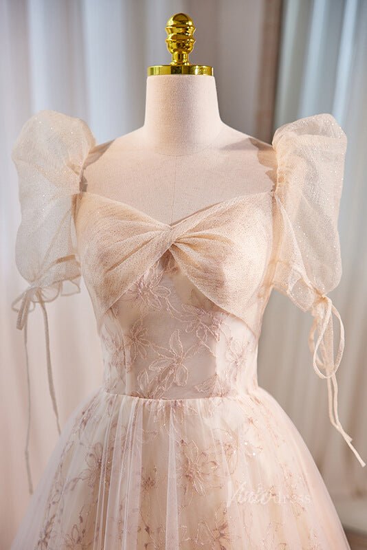 Elegant Puffed Sleeve Prom Dresses Floral Lace Formal Dress AD1086-prom dresses 2025 -Viniodress-Champagne-Custom Size-