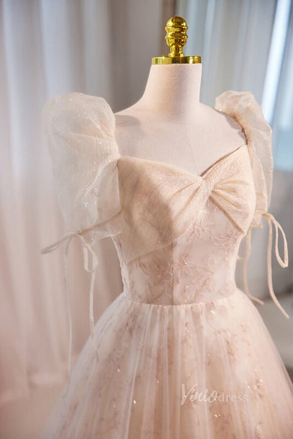 Elegant Puffed Sleeve Prom Dresses Floral Lace Formal Dress AD1086-prom dresses 2025 -Viniodress-Champagne-Custom Size-