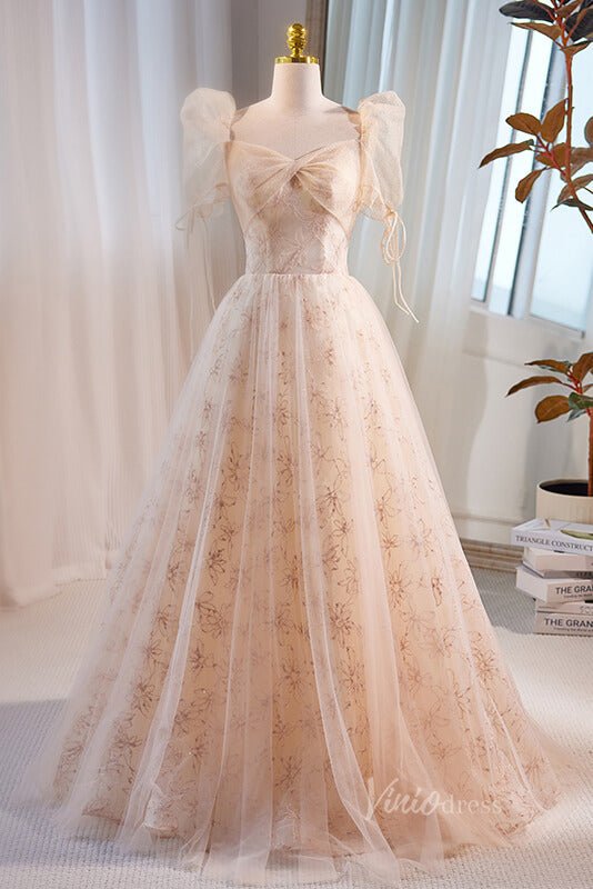 Elegant Puffed Sleeve Prom Dresses Floral Lace Formal Dress AD1086-prom dresses 2025 -Viniodress-Champagne-Custom Size-