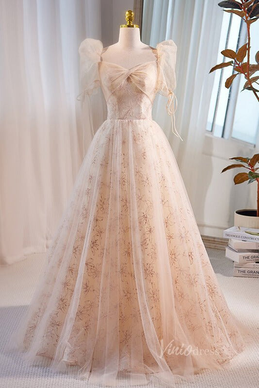 Elegant Puffed Sleeve Prom Dresses Floral Lace Formal Dress AD1086 - Viniodressprom dressesChampagneCustom Size - Formal Dresses - Ball Gowns