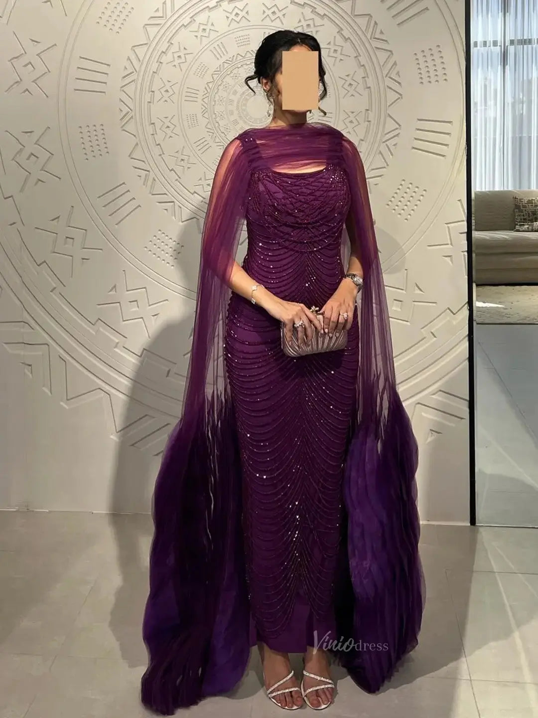 prom dresses 2025 Elegant Purple Prom Dresses Cape Sleeve Beaded Formal Dresses BD017-plus size wedding dresses Viniodress-Purple-US 2-