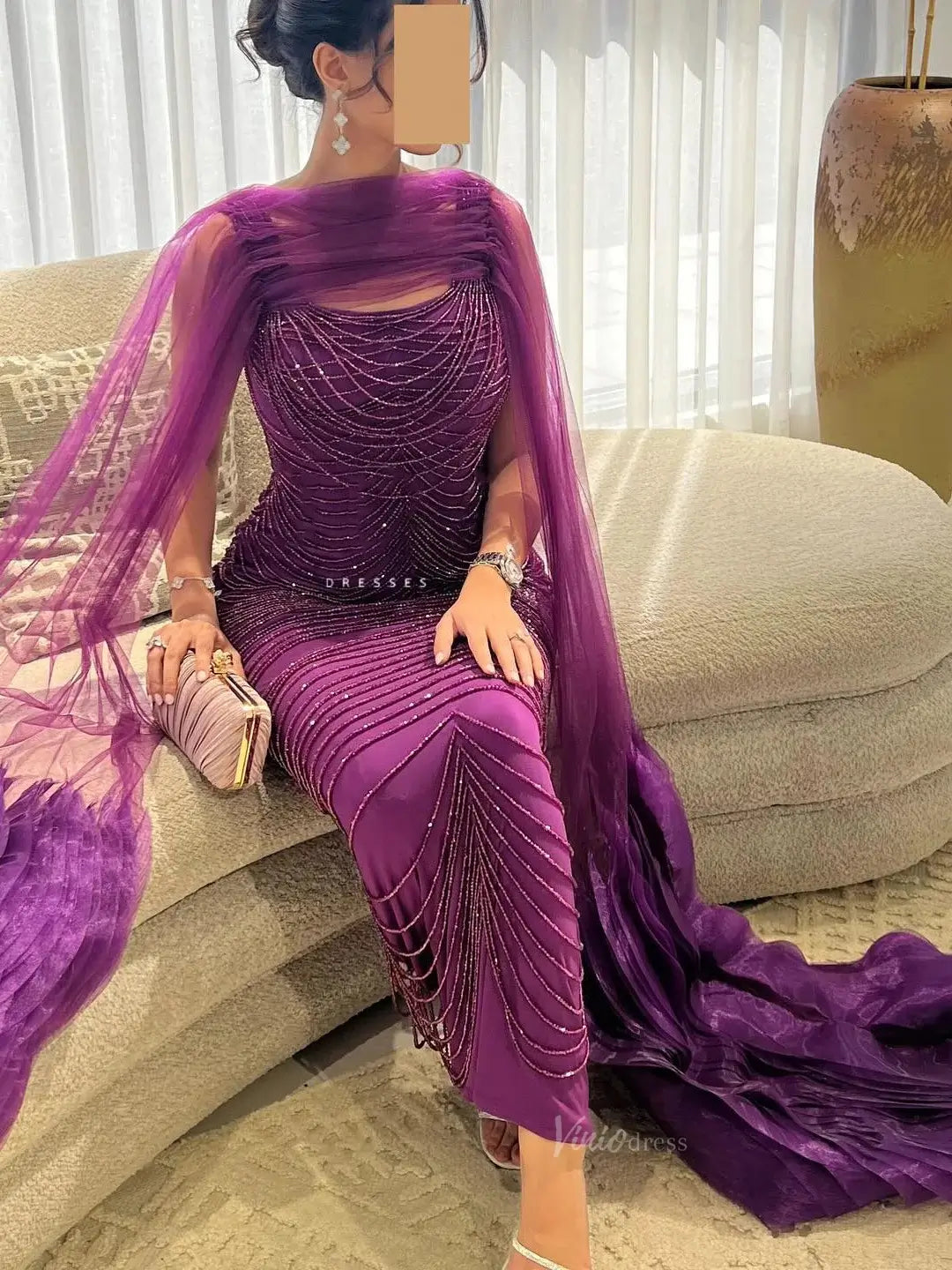 prom dresses 2025 Elegant Purple Prom Dresses Cape Sleeve Beaded Formal Dresses BD017-plus size wedding dresses Viniodress-Purple-US 2-