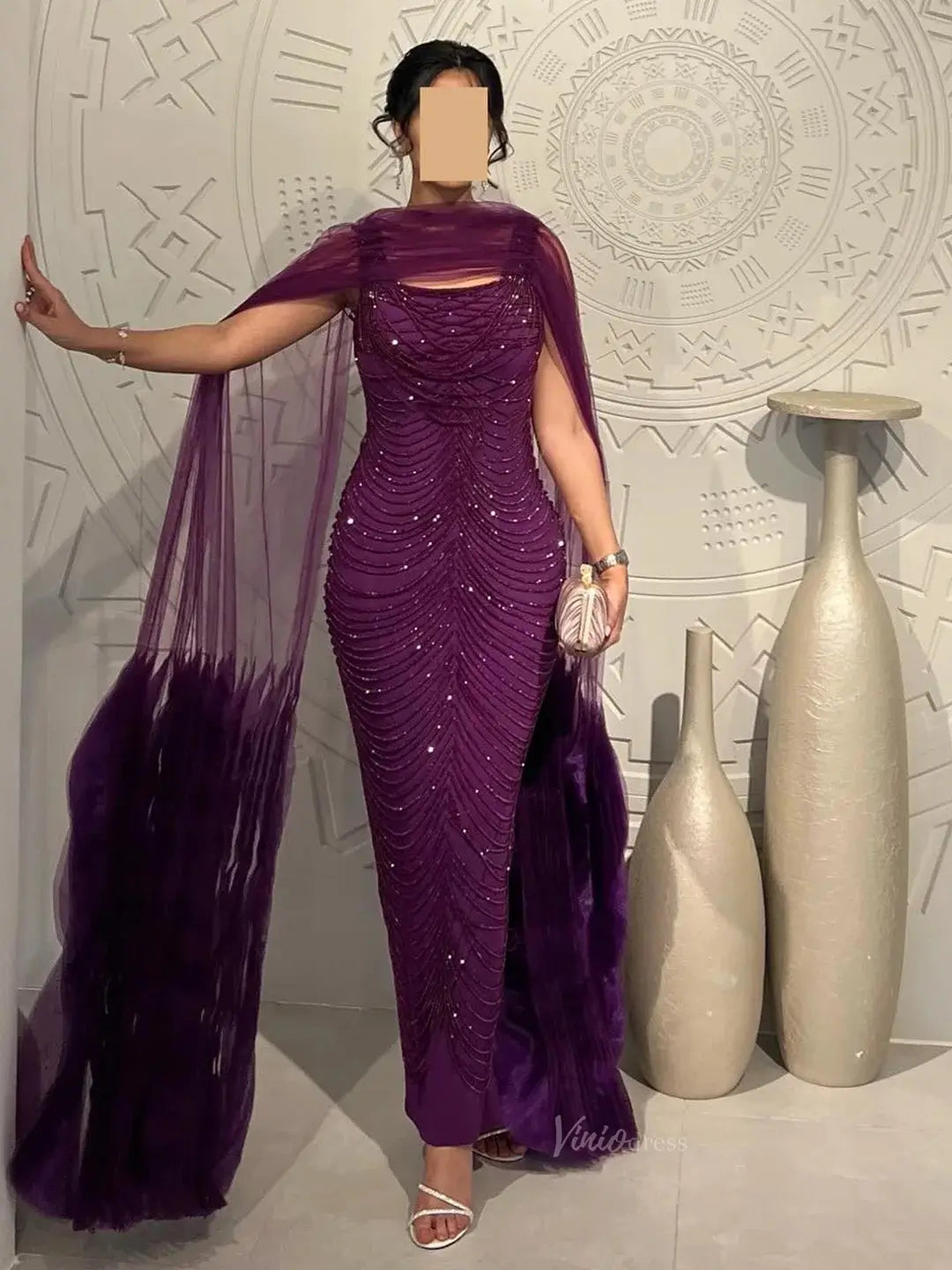 prom dresses 2025 Elegant Purple Prom Dresses Cape Sleeve Beaded Formal Dresses BD017-plus size wedding dresses Viniodress-Purple-US 2-