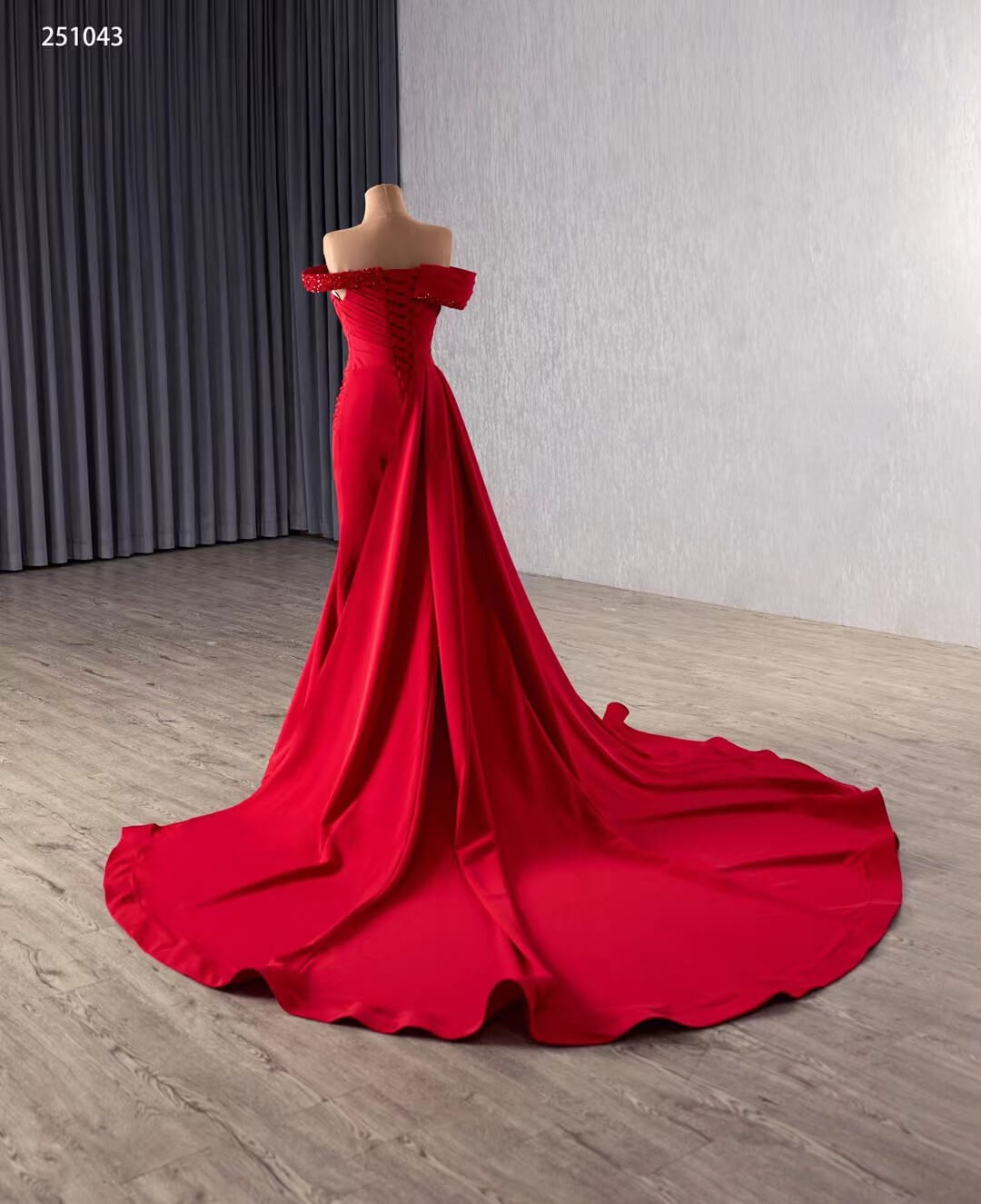Elegant Red Mermaid Formal Dress with Overskirt, Off-the-Shoulder Neckline, Pleated Beaded Bodice 251043-Pageant Dress 2026-Viniodress-Red-Custom Size-