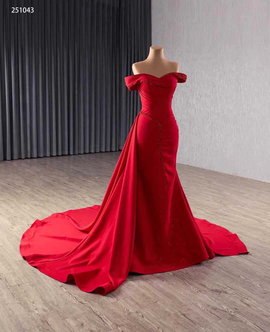Elegant Red Mermaid Formal Dress with Overskirt, Off-the-Shoulder Neckline, Pleated Beaded Bodice 251043-Pageant Dress 2026-Viniodress-Red-Custom Size-