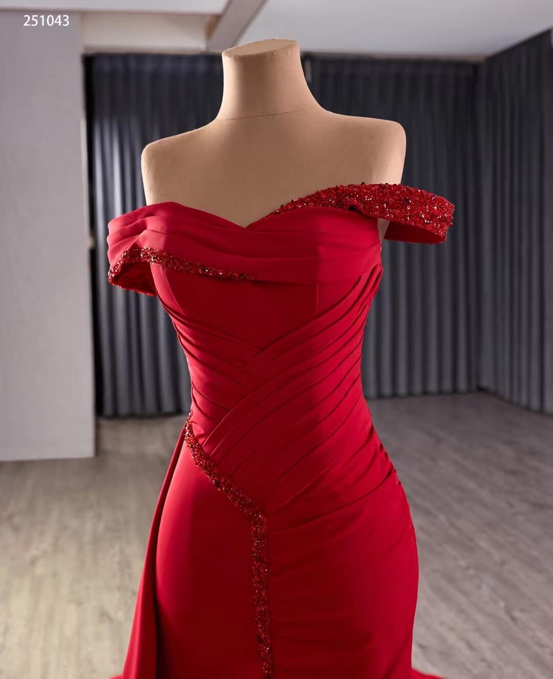 Elegant Red Mermaid Formal Dress with Overskirt, Off-the-Shoulder Neckline, Pleated Beaded Bodice 251043-Pageant Dress 2026-Viniodress-Red-Custom Size-