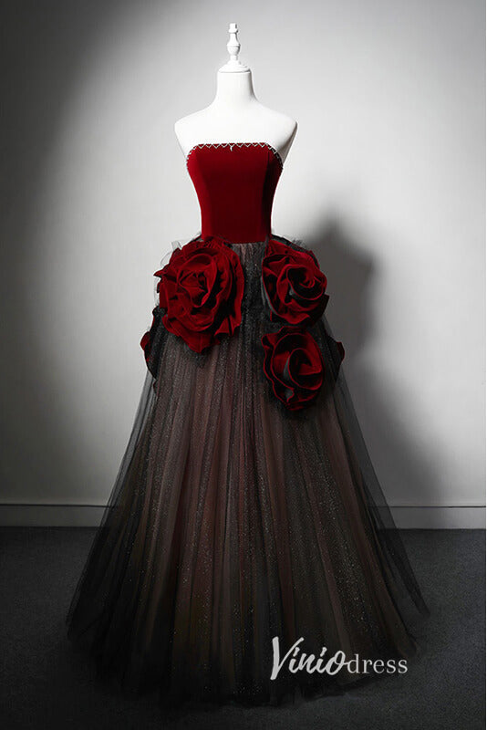 Elegant Rosette Prom Dresses Strapless Formal Gown AD1021-prom dresses-Viniodress-Burgundy-Custom Size-Viniodress
