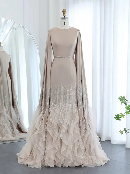 Elegant Ruffled Cape Sleeve Wedding Dresses Beaded Evening Dress 20215-Evening Dresses 2025 -Viniodress-Champagne-US 2-