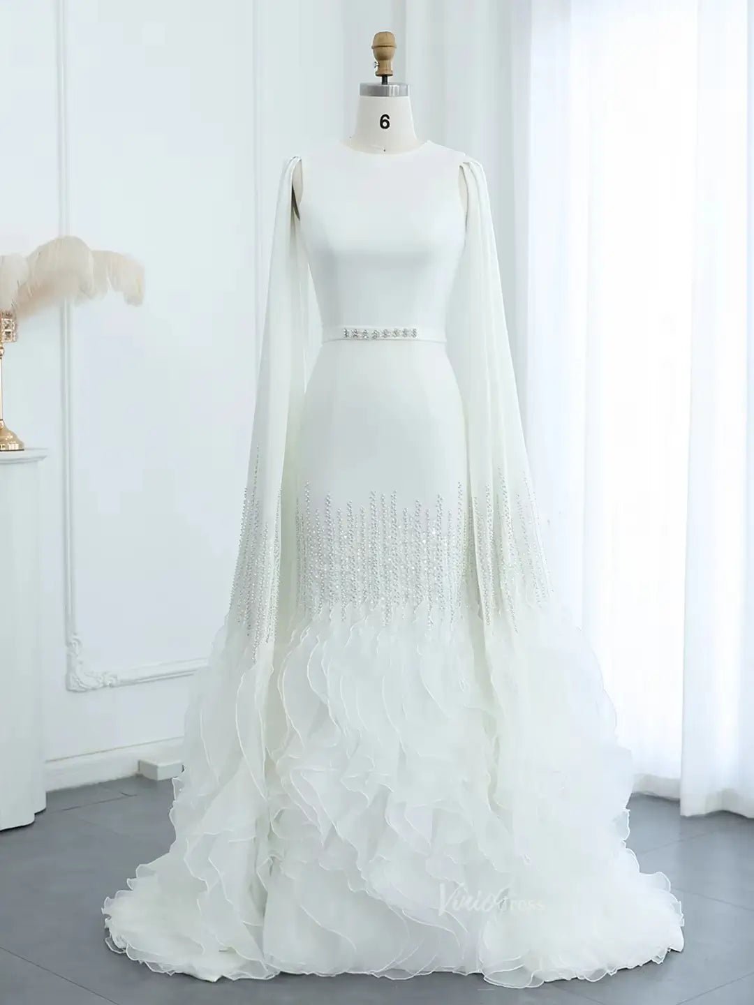 Elegant Ruffled Cape Sleeve Wedding Dresses Beaded Evening Dress 20215-Evening Dresses 2025 -Viniodress-Ivory-US 2-